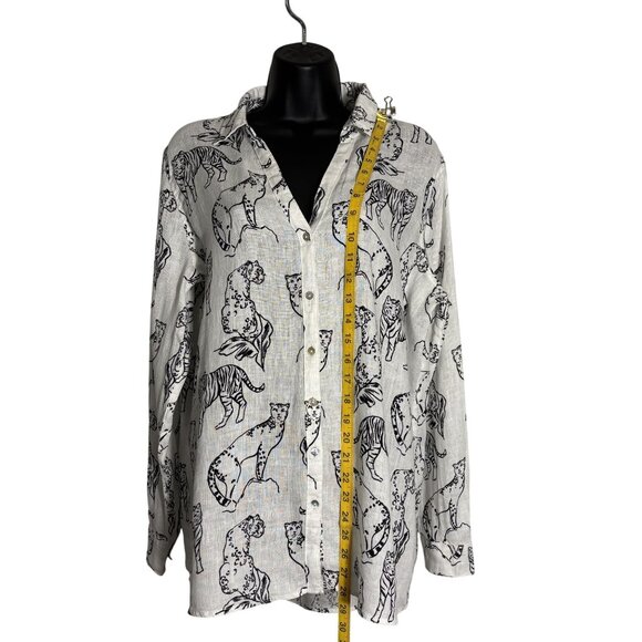 Cynthia Rowley 100% Linen Button-Up White Shirt With Black Animal Print - Picture 5 of 7